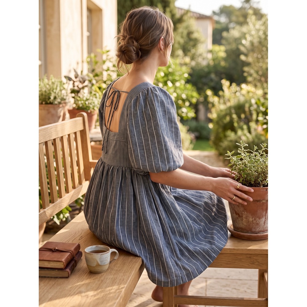Cottagecore Free People Pinstripe Puff Sleeve Mini Dress Size M Coastal Boho